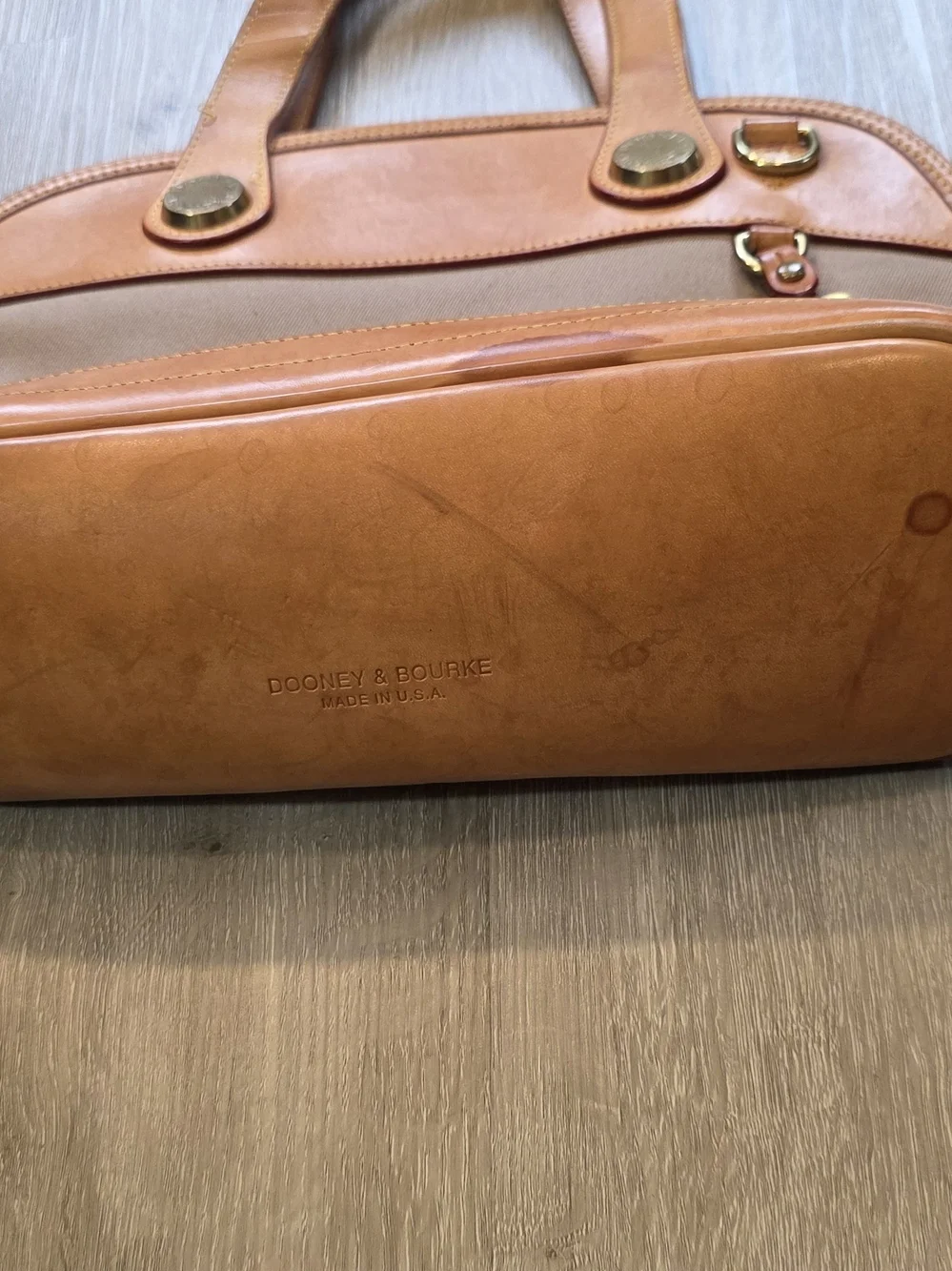 Vintage Dooney & Bourke Canvas & Leather Cabriolet Zip Top Satchel Purse Tan